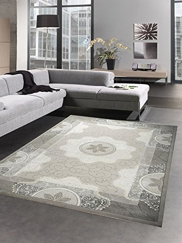 CARPETIA Teppich Wollteppich Ornamente Glitzer grau beige Größe 80 x 300 cm
