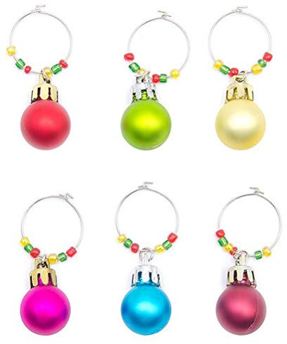 BESTonZON Glasmarkierer Weihnachtskugel Form Charm Anhänger Weinflaschenmarker Wiederverwendbar Weihnachtsdeko 6 Stück