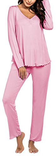MAXMODA Pigiama Donna Invernale Lungo Pigiami Due Pezzi Maniche Lunghe Pajama Set, Rosa, XXL