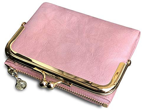 Pofee Damen-Geldbörse, RFID, klein, kompakt, doppelt gefaltet, Leder, Vintage, Münzgeldbörse mit Reißverschluss und Kissschloss, Rosa, S