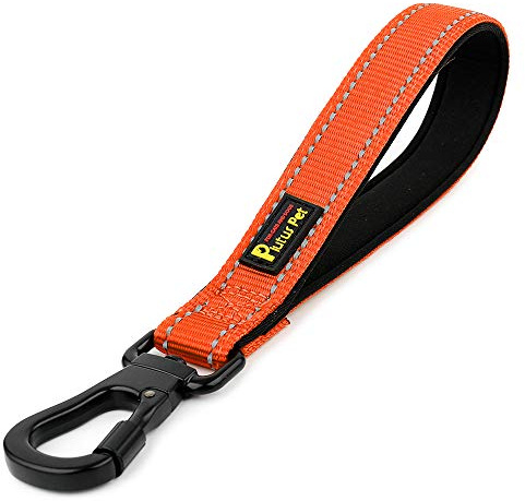 Plutus Pet Short Dog Lead with Padded Handle for Medium Large Dogs | Reflective, Heavy Duty Strong Nylon, Traffic Leash with Carabiner Clip for Training Walking (25cm, Orange)