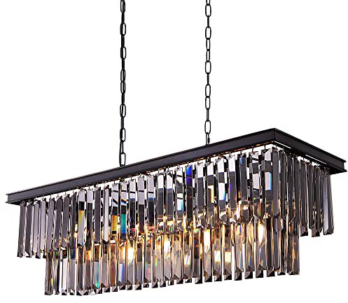 Wellmet Kristallleuchter Schwarz Kronleuchter Modern 9-Licht 89cm-länge Kristall Pendelleuchte Esstissch Glas Hängeleuchte Lüster Wohnzimmer Deckeleuchte Hängend Hängelampe Rauchgrau groß Rechteckig