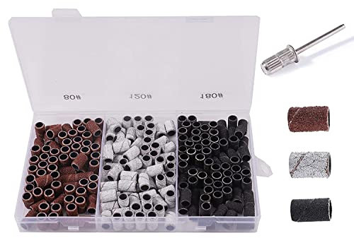 BNG 210pcs Sanding Bands 80/120/180 Grit, E File Band for Nail Drill Manicure Set with Box, Sanding Tape with 1pcs 3/32 inch Drill Bit