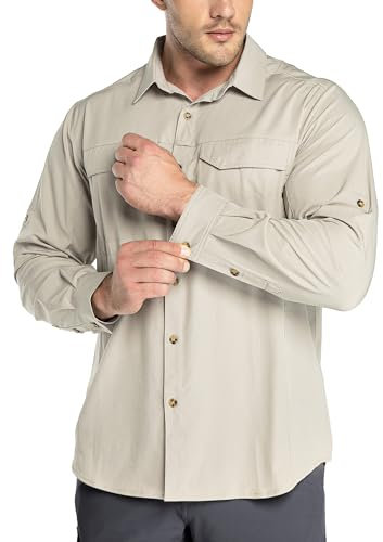 Outdoor Ventures Camisa para hombre de manga larga, transpirable, de secado rápido, camiseta funcional para hombre, primavera, verano, protección UV, camiseta deportiva, caqui, L