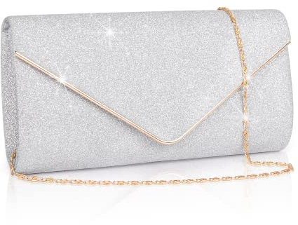 Larcenciel Pochette Soiree Femme, Sac à Main Bandoulière Élégante de Style Enveloppe en Paillettes Brillant Argenté avec Chaîne, Chic Clutch Caba Sacoche pour Mariage Cérémonie Cadeau Fête des Mère