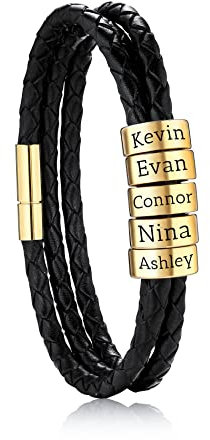 OTXIXTO Personalisierte 2-6 Namen Armbänder Personalisierte ID für Frauen Männer Echtes Leder Edelstahl Perlen Geflochtene Manschette Brautjungfer Geschenke Bester Freund(Gold 5 Perlen)
