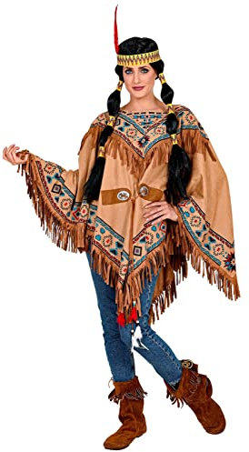 MIMIKRY Indianerin Indianer Poncho Wildleder-Optik mit Ethno-Druck Fransen Federn Wilder Westen Western