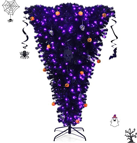 GYMAX 180 cm Umgedrehter Künstlicher Weihnachtsbaum in schwarz, Kunstbaum mit 270 violetten LED-Leuchten & Halloween-Dekorationen, Dekobaum mit 810 Spitzen, für Halloween, Weihnachten, Material PVC