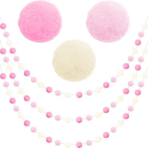 Jishi 3er-Pack Pompon-Girlande, rosa Filzkugel, Ornament, Girlande, Weihnachtsdekoration, niedliche Pomponschnüre für Weihnachtsbaumdekoration, Weihnachten, Feiertagsparty, Geburtstagsbanner – 1,8 m