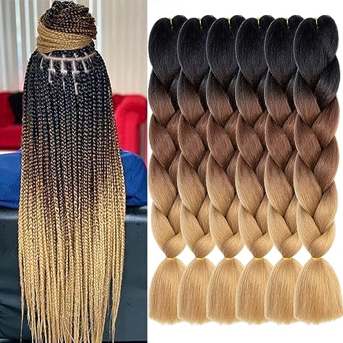 Xtrend 6packs 3 tons Jumbo Traiding Chers 24 pouces Synthétique Afro Tressage Extensions de cheveux pour tresses en boîte et torsades Crochet Hair (6 packs, noir/brun foncé/brun clair#)