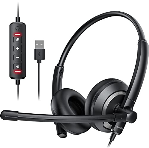 awatrue EH05-U Kabelgebundenes USB-Headset mit Mikrofon mit Geräuschunterdrückung für PC und Laptop, Kopfhörer mit Inline-Steuerung, leicht, verbesserter Klang und Mikrofon-Stummschaltung