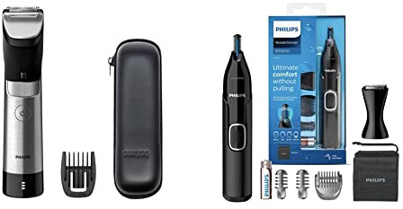 Philips Beard & Trimmer for Men, 9000 Prestige, 20 Length Settings, SteelPrecision Blades, UK 3-Pin Plug- BT9810/13 & Philips Series NT5650/16 5000 Battery-Operated Nose, Ear and Eyebrow Trimmer