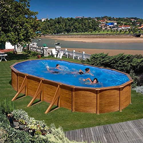 Paradies Pool® Gre Giant oval 375x730x120cm (Ø x H), Komplettset,Stahlwandbecken Holz, Poolplane in blau 0,4mm, Handlauf extra breit, inkl. Skimmer-Set und Leiter, Swimmingpool, Menge: 1 Stück
