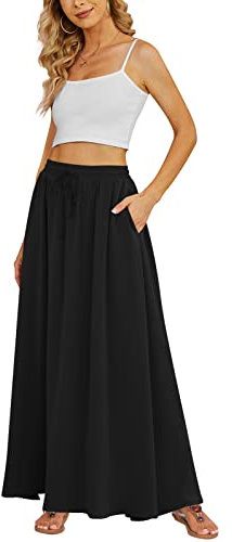 Yincro Damen-Maxirock, fließend, Sommer, plissiert, hohe Taille, lässig, lange Röcke mit Taschen, Schwarz, XX-Large