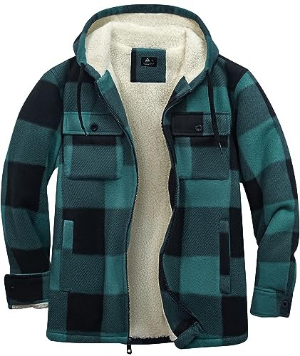 SwissWell Hommes Veste Chemise Épaissir Veste de flanelle à carreaux Doublure peluche Loisirs Doublé Sweat à capuche Hommes Polaire Hoodie Veste d'hiver avec poches(Noir Vert Carreaux-M)