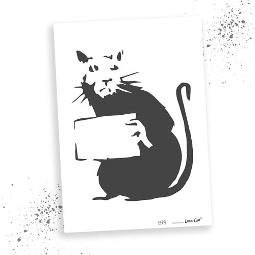 LaserCad Schablonen BANKSY Streetart (B019, Rat with Sign, DIN A2) Stencil für Graffiti, Airbrush, Kunst, Deko, zum Malen