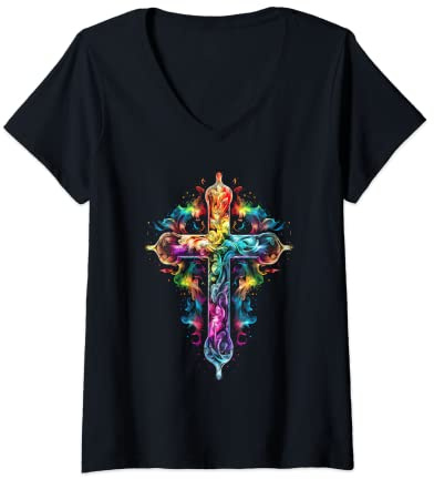 Damen Christliches Kreuz, Glaube, Hoffnung, Liebe, Jesus, Regenbogen, Vintage T-Shirt mit V-Ausschnitt