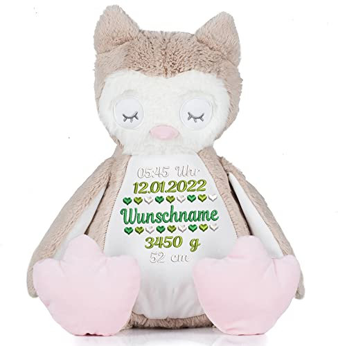 Stofftier mit Name Bestickt Kuscheltier Eule personalisiert Geburtsdaten