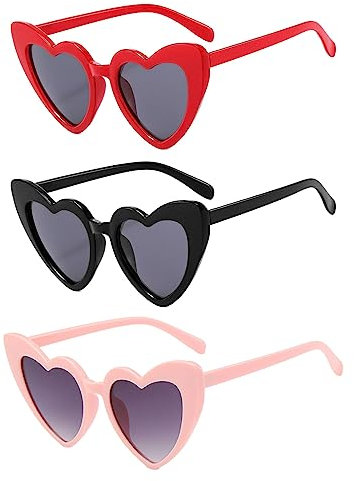 VIKSAUN 3 Paar Retro Herz Sonnenbrille Herzförmige Sonnenbrille für Damen, 90er Jahre Hippie Gläser Brille Herzchen, Bunte Brillen Valentinstag Party Carnival Mode Vintage Heart Sunglasses