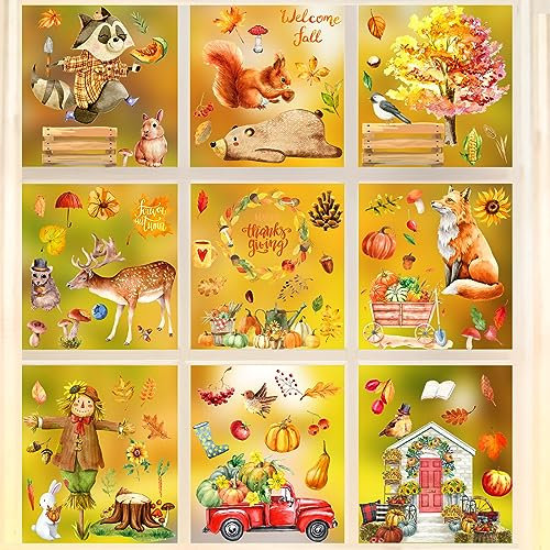 Vetrofanie Autunno Ringraziamento, BBlike 9 Fogli D'acero Foglie Spaventapasseri Adesivi Tutunno, Finestr Addobbi Autunnali, Decorazioni di Feste Autunnali