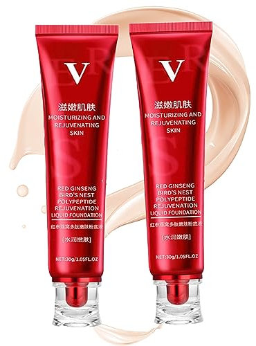 FV Foundation Waterproof Red Foundation FV Red Ginseng and Bird's Nest Peptide Skin Nourishing Foundation Red Ginseng Liquid Foundation 1 oz (Lvory+Natural)
