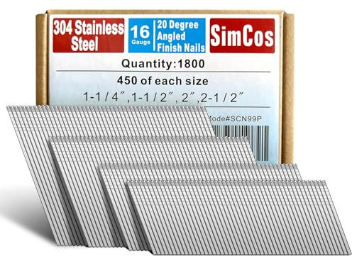 SimCos 16 Gauge 20-Degree Angled Finish Nails, 304 Stainless Steel,1800-Pack (1-1/4, 1-1/2, 2, 2-1/2), Assorted Size Project Pack for Pneumatic, Electric Finish Nailer or Nail Gun