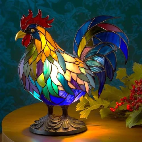 EHOTER Tier Tischlampen Serie Buntglas Tierform Retro Nachtlicht Vintage Tischleuchte Harz Böhmische Tierlampe Nachttischlampe für Heimdekoration Tierliebhaber Weihnachtsgeschenk (Huhn)