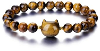 CrystalTears Tigerauge Armband Damen 8mm Beads Perlenarmband Damen mit süße Katze Reiki Talisman spirituelle Geschenke