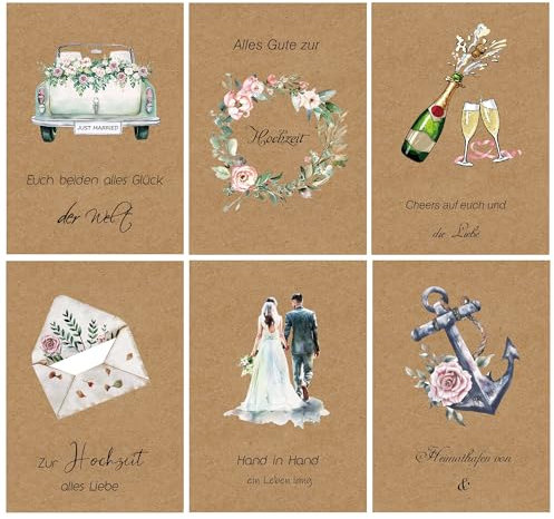 DMHSGIFT Hochzeitskarte 6er-Set mit Umschlag A6 Glückwunschkarte Hochzeit Kraftpapier im Aquarellstil Gemalt Personalisierte Hochzeitskarte für Brautpartys, Verlobungsfeiern (Brown)
