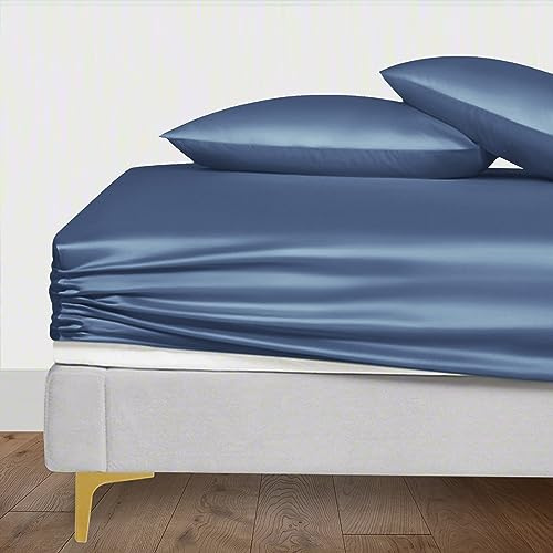 LINENWALAS 100 % Eukalyptus-Seide, luxuriöses Tencel-Lyocell-Spannbetttuch, kühlendes tiefes Spannbetttuch, weicher als ägyptische Baumwolle, antiallergisches Bettlaken (Doppelbett, Bahamasblau)