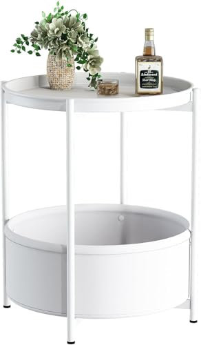 Huhote Side Table, Round End Table with Fabric Basket, Small Bedside Table, Nightstand Sofa Table for Living Room, Bedroom, Bathroom, Balcony, Modern Style (White)