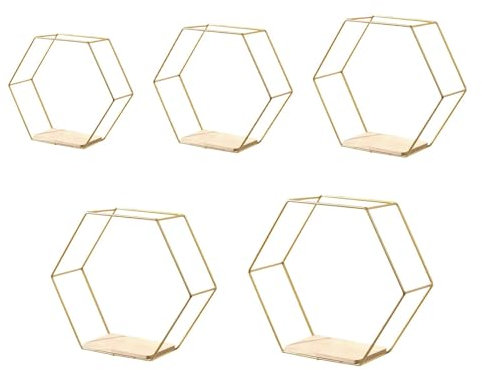 Fenteer 5X Sechseck Eisen Wandregale Organizer Wanddekoration Küche Lagerregal Schwimmendes Regal für Foto Bilderbücher Anzeige, Golden