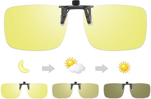 TEMSO Photochromic Clip On Driving Glasses,Polarised Anti Glare Day Night Vision Glasses for Men Women,Reduce glare headlights|Clear Vision|Flip Up|Safe Driving|Outdoor Activities|Yellow