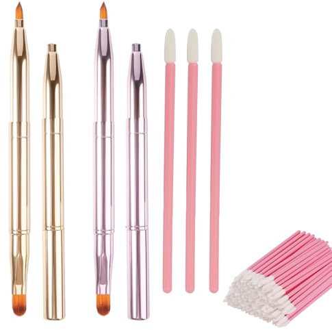 2 Stück Einziehbarer Lippenpinsel & 100 Stück Lippenstift Pinsel Einweg, tragbarer Lippen-Makeup-Pinsel mit Kappe, Lipgloss Applikator für Präzision und Blending