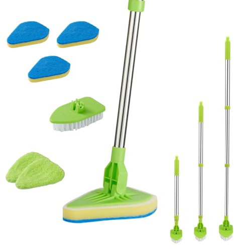 Houkary Long Handled Scrubbing Brush 3 in 1 Telescopic Bathroom Tile Cleaner Brush Extendable Shower Cleaning Brush Handheld Floor Scrubber Kit with 3 Sponge and 1 Hard Brush, 2 Coral Velvet Cloth
