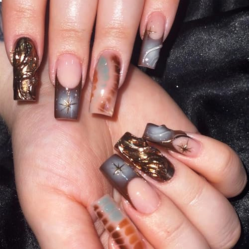 BelleVive Lot de 24 faux ongles carrés carrés à coller sur les ongles en acrylique 3D effet vague