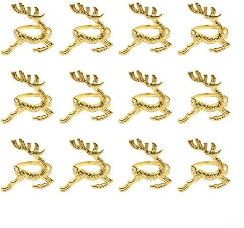 Serviettenringe im einzigartigen Elch-Design, 12 Stück, perfekt für die Verschönerung von Winterfeiern und Esstischen (Gold)