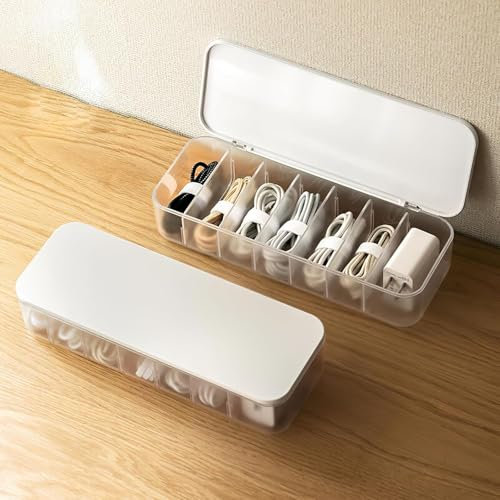 Asonen Cable Organizer Box with 7 Wire Ties and 6 Magnetic Cable Clips, Desktop Cord Management Box with Dividers and Lid for Home Office Storage – White