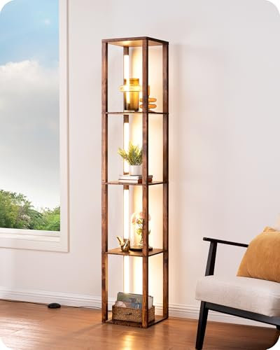 EDISHINE Stehlampe mit Regal Dimmbar, 3 Farbtemperaturen, 20W 1530 Lumen 163 cm Eckregal mit 360° drehbare LED-Leuchten und Fußschalter, Moderne Innenbeleuchtung mit 4 Ablagen, Stehleuchte Wohnzimmer