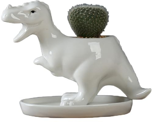 Eabdice Dinosaurier Geformt Blumentopf Keramik, Handgemachter Keramik Blumentopf, Dinosaurier Blumentopf, für Balkone, Gärten, Bücherregale, Blumenständer (Weiß)