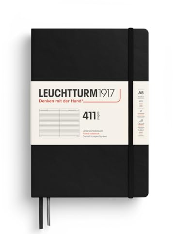 LEUCHTTURM1917 372932 Notebook 411 Medium (A5), Hardcover, 411 Numbered Pages, Black, Ruled, More Thoughts, More Ideas, More Memories, More Pages | 411 numbered pages, 80gsm paper, thread binding, acid-free, for heavy writers and long-term use
