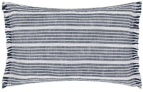 Yard Tide Cotton Outdoor Cushion Cover – Textured Striped Garden Cover with Ruffle Trim (Navy - Cushion Cover Only, 60 x 40 cm)