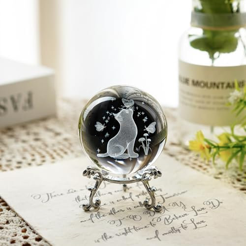 ZEERSHEE 3D Glass Crystal Ball with Stand 60mm - Cat Themed Figurine - Sympathy Gift for Cat Lovers
