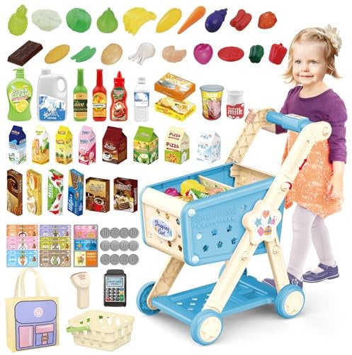 deAO Carrello della Spesa Bambini - Set da Gioco per Bambini con Giochi di Cibo, Frutta e Accessori per Il Negozio, Carrello della Spesa Giocattolo Giochi di Imitazione per Bambine 3+ Anni | Blu