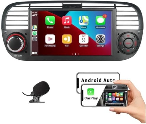 HLLECARMO Car Radio for Fiat 500 2007-2015 wireless Carplay & Android car, Autoradio Fiat 500 Bluetooth 5.0 with 7inch Touchscreen RDS/AM/FM/USB DSP Mirror Link Subw EQ Steering Wheel Control- Colore
