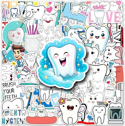 Stakee 50 Stück Lustige Cartoon-Zahn-Aufkleber Für Kinder, Graffiti-Aufkleber, Laptop, Sammelalbum, Retro-Vinyl-Aufkleber, Handy, Gepäck, Dekoration, Wasserfester Aufkleber, Partyzubehör