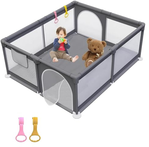 Laufstall Baby Faltbar mit Matratze(180 * 127)) | Innovatives Faltdesign, Atmungsnetz mit 360°-Sicht, Externer Reißverschluss, 300D Oxford, Tragetasche