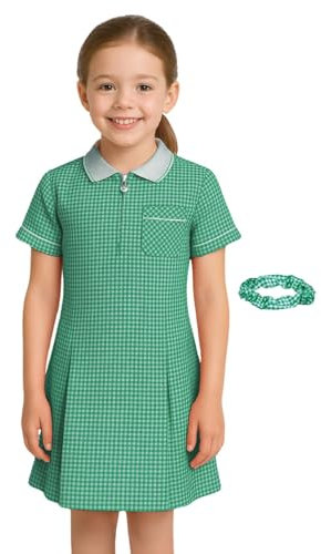 SchoolStitch® Girls Gingham School Dress, Kids Short Sleeve Zip up Check Print Pleated School Uniform Girls Summer Dress with Side Pockets and Hair Bobble, Ages 3-20 Bottle Green