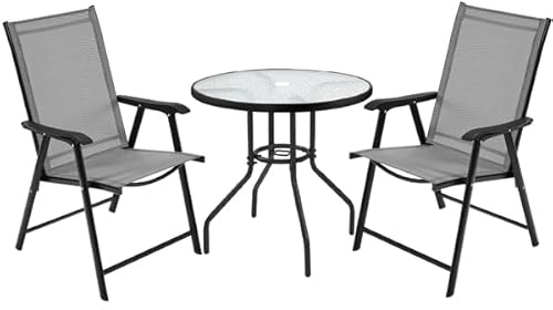 Yaheetech Ensemble de Bistrot Lot de 2 Chaises de Jardin Pliantes et Table de Jardin Ronde en Verre avec Trou pour Parasol et Plateau en Verre Salon de Jardin