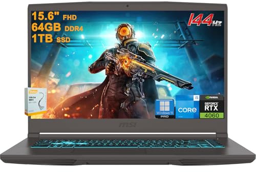 MSI Thin 15 Gaming Laptop | 15.6 FHD IPS 144Hz | Intel 8-core i5-13420H (>i7-12650H) | 64GB DDR4 1TB SSD | GeForce RTX 4060 | Backlit USB-C Win11Pro w/DLCA Accessory